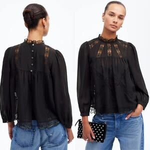 NEW Madewell Lace-Inset Top in Silk True Black Medium Dainty Coquette $168.00